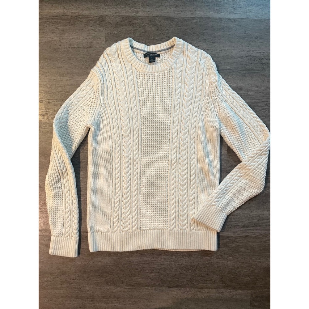 Banana Republic Cream Cable Knit‎ Supima Cotton Crew Neck Sweater Size L